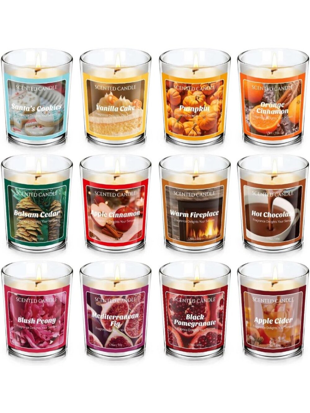 Set of 12 Winter Scented Soy Wax Candles - Holiday Aromas for Christmas Decor